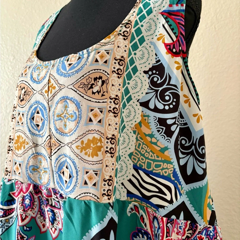 Suzanne Betro Tiered Maxi Dress 1X Sleeveless Floral Boho Artsy Patchwork